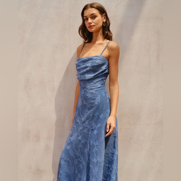 Blue Jacquard Ruched Slip Maxi Dress - Picture 2 of 6